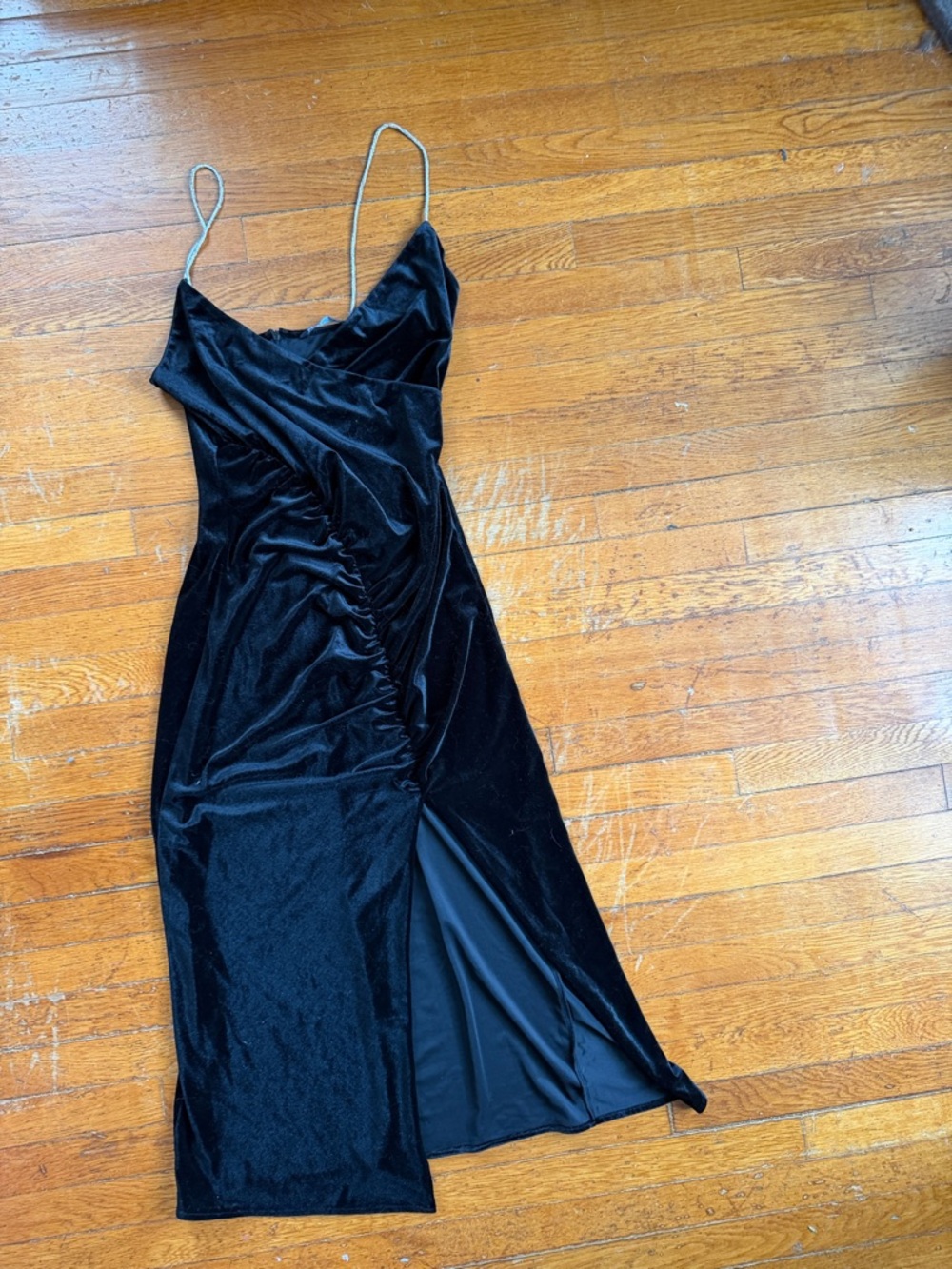 Zara Black Velvet Midi Slip Dress with Ruched Side and Slit